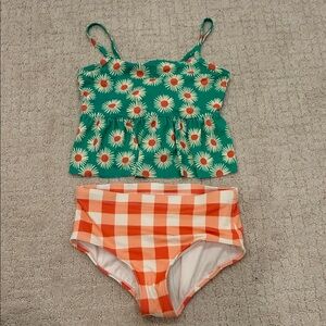 Girls Hannah Anderson Tankini Top with Orange Gingham High-Waist Bottoms